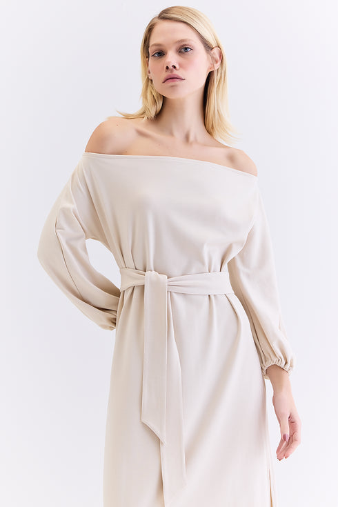 VESTIDO MIDI MANGAS AMPLAS NATURAL